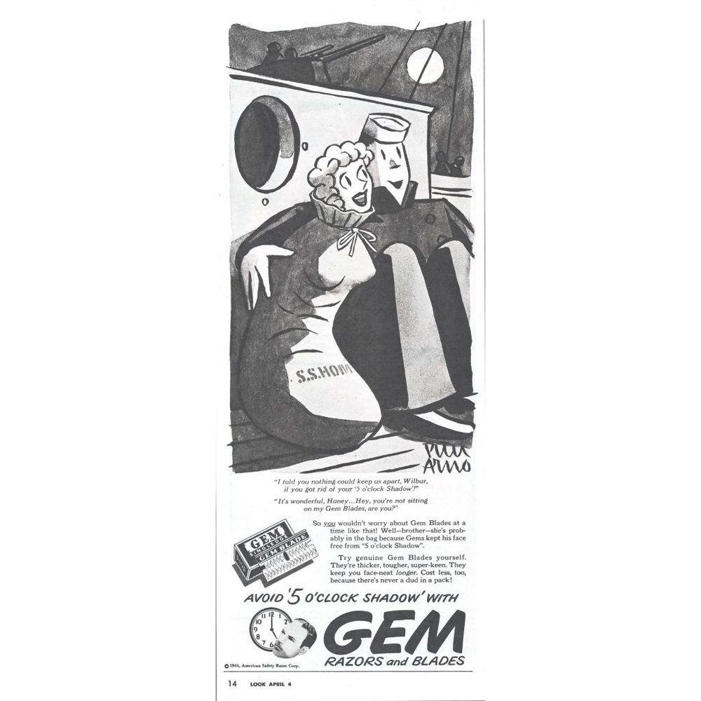 1944 GEM Razor Blades Vintage Print Ad WW2 US Navy Sailor Stowaway Cartoon Art